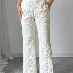 Women's Fashion Mid Waist Pants Women's Jacquard Casual Pants White French Three Dimensional Flower Pants