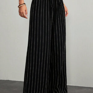 Women's striped wide leg pants, European and American women's thin striped drawstring elastic waist pants, women's casual pants