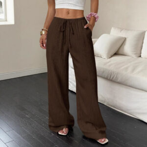 Summer Cross-Border New Arrival Women's Casual Solid Color Textured Fabric Knotted Waist Slanted Pocket Wide Leg Pants